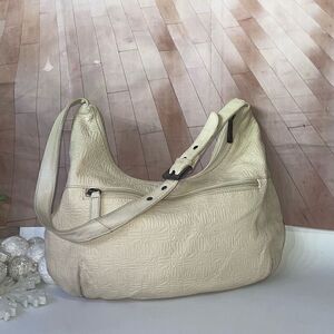 Stone Mountain Embossed Signature Leather Shoulder Bag Beige Large
